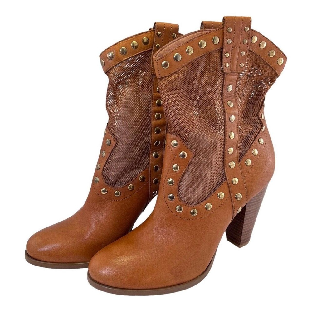 BCBG Generation Tan Winston Leather Western Ankle Boots Snap Detail Sz‎ 9.5 Mesh
